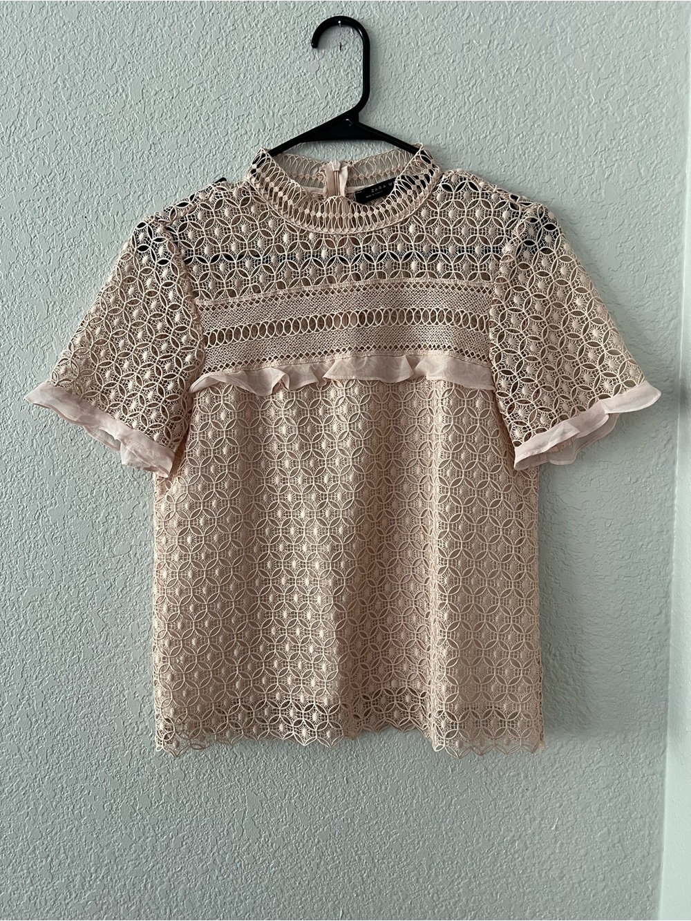 Zara Blush Lace Short Sleeve Ruffle Trim Top